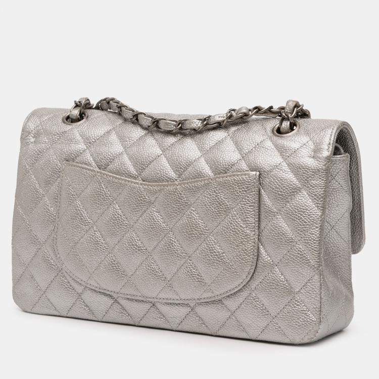Pre Owned Chanel Silver Medium Classic Iridescent Caviar Double Flap
