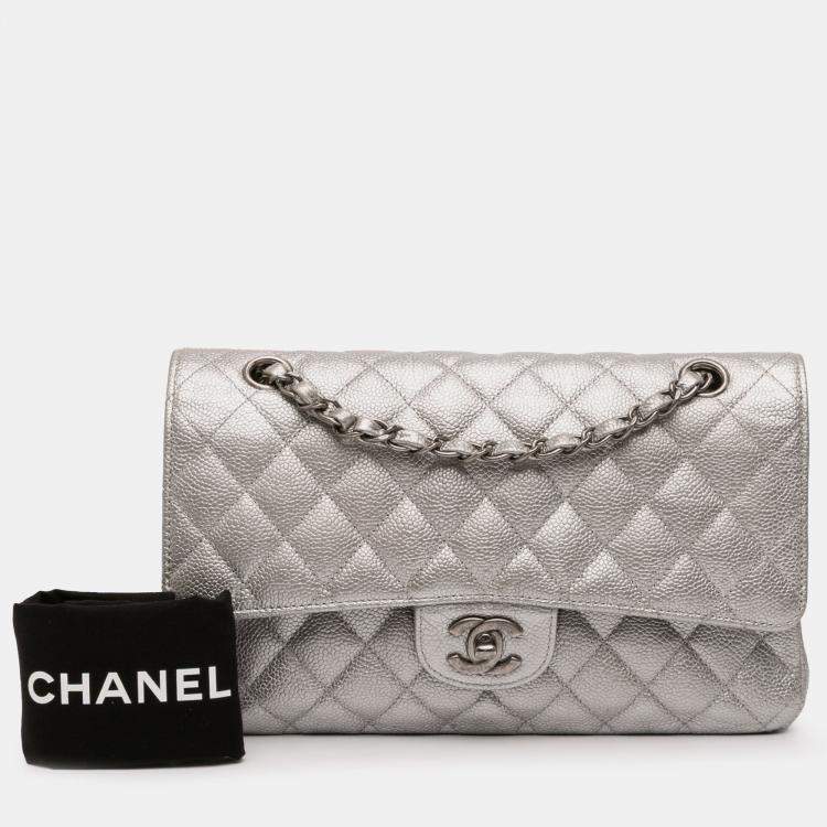 Pre Owned Chanel Silver Medium Classic Iridescent Caviar Double Flap