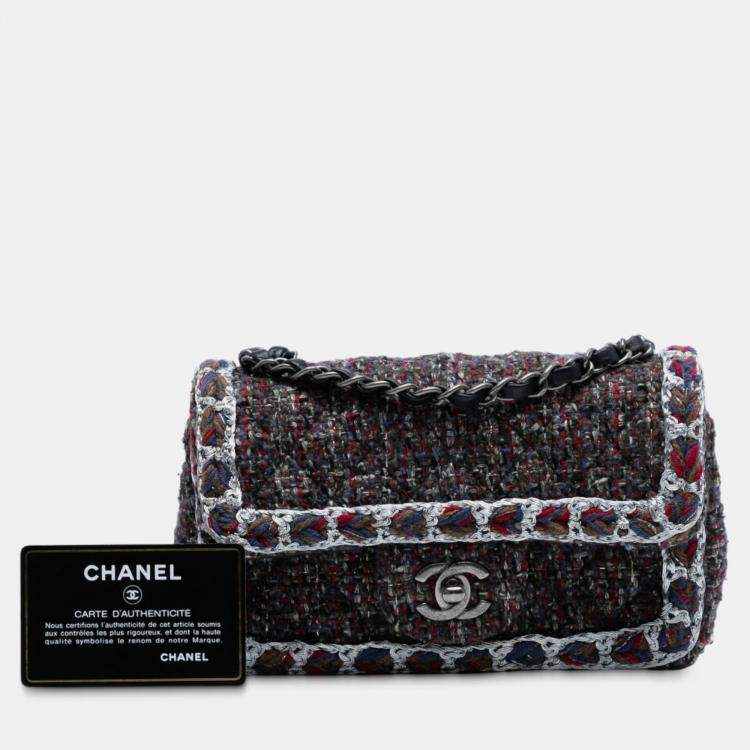 Pre Owned Chanel Black Mini Rectangular Classic Braided Tweed Single Flap