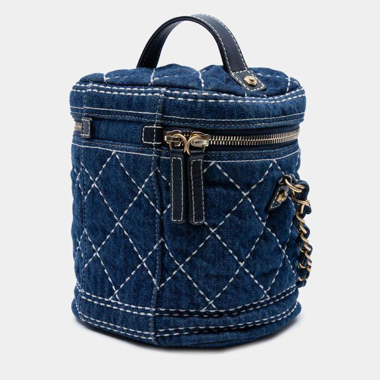 Pre Owned Chanel CC Quilted Denim Trip Vanity Case with Chain