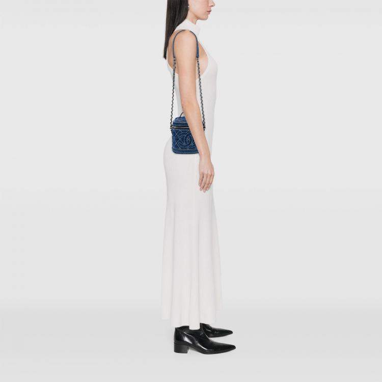 Pre Owned Chanel CC Quilted Denim Trip Vanity Case with Chain