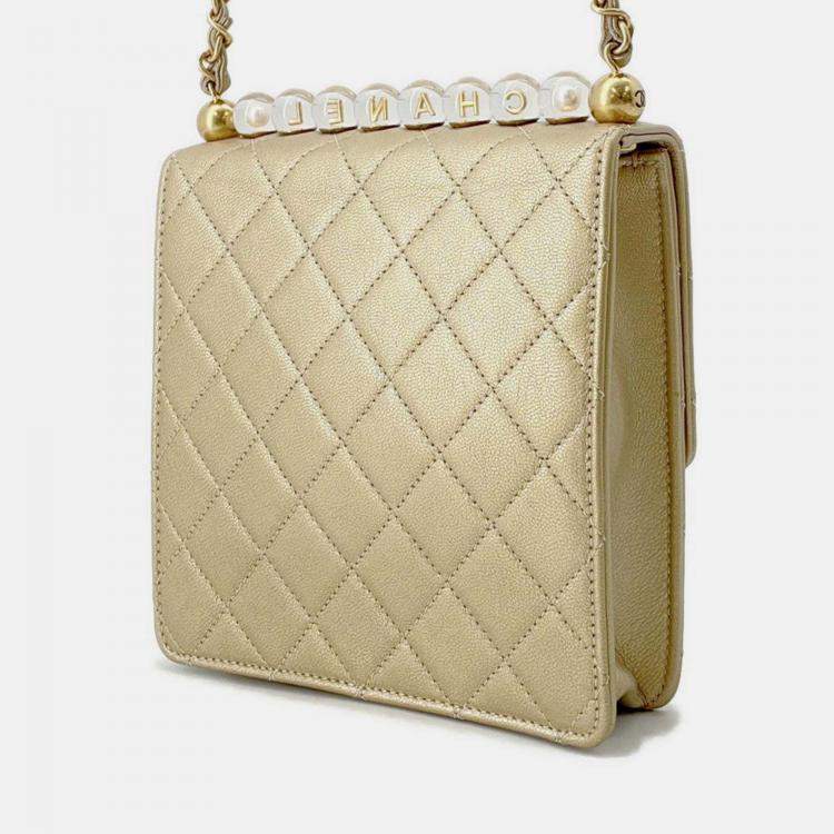 Pre Owned Chanel Matelasse Clear Pearl Shoulder Bag Gold Goatskin Leather