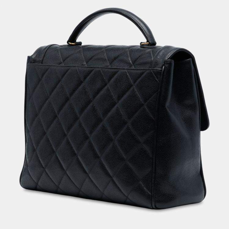 Pre Owned Chanel Black Jumbo CC Quilted Caviar Kelly Top Handle Bag