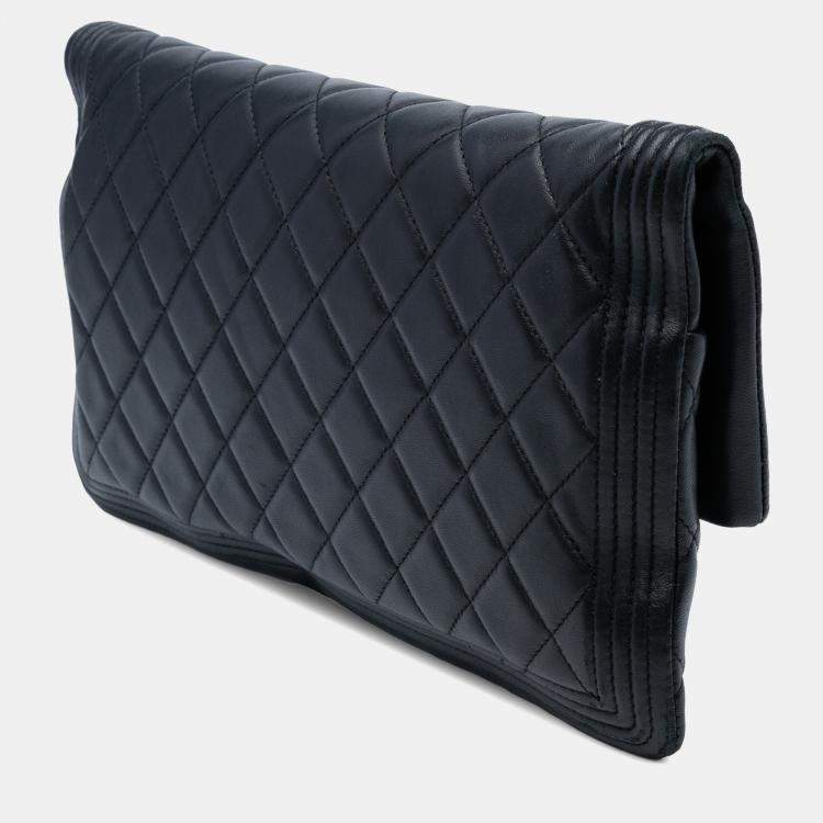 Pre Owned Chanel Black Quilted Lambskin Boy Foldover Clutch