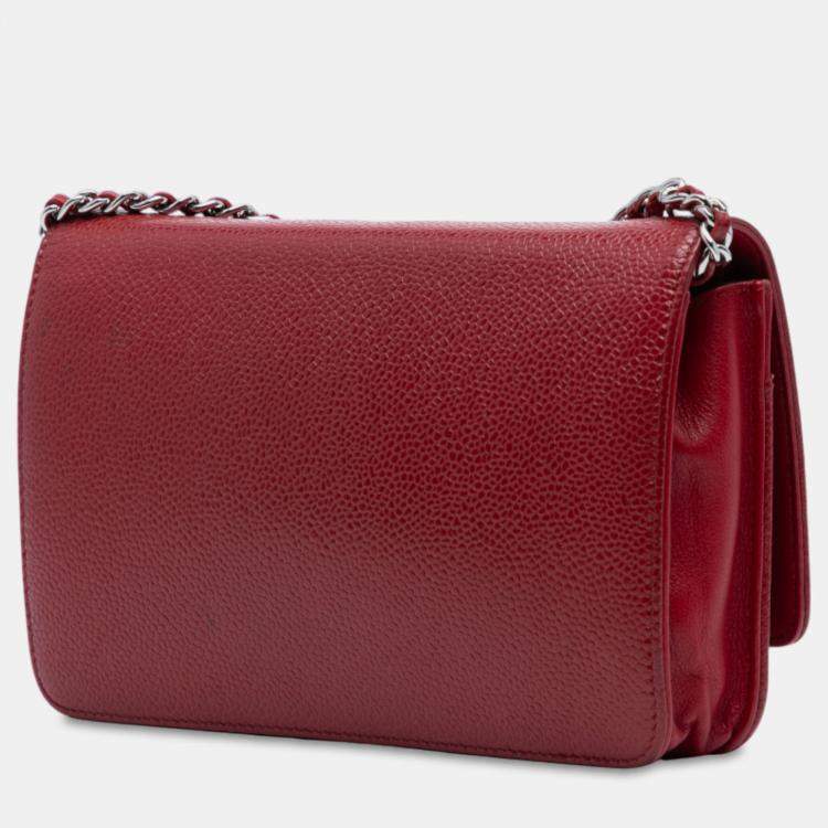 Pre Owned Chanel Red CC Caviar Wallet On Chain