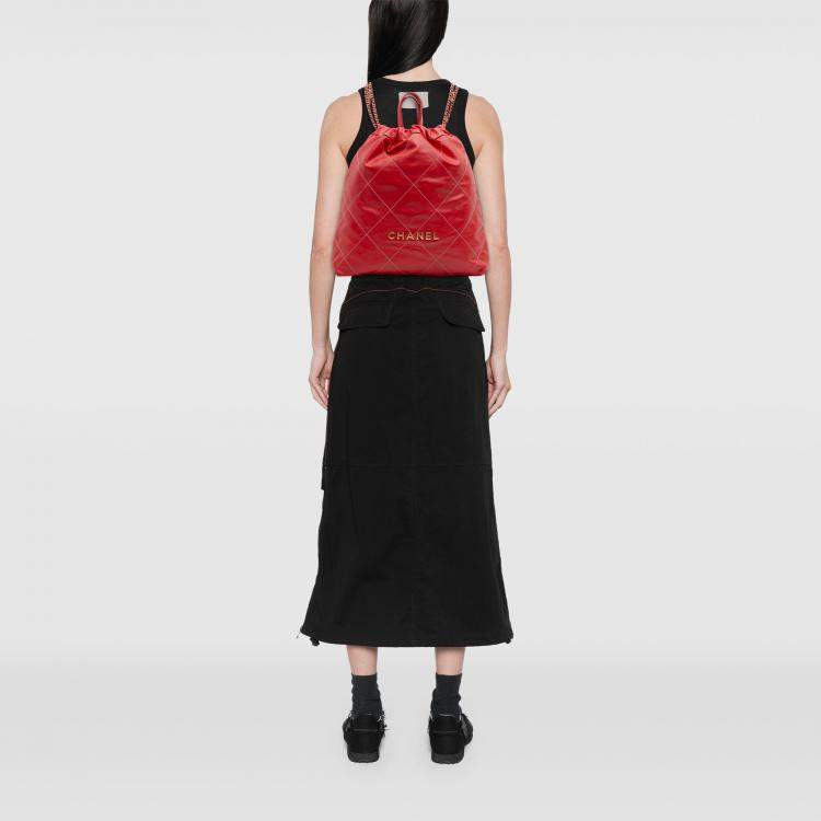Pre Owned Chanel Red Large Shiny Quilted Calfskin 22 Backpack