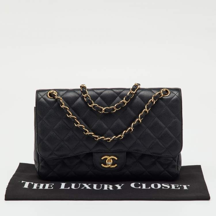 Pre Owned Chanel Black Quilted Caviar Leather Jumbo Classic Double Flap Bag