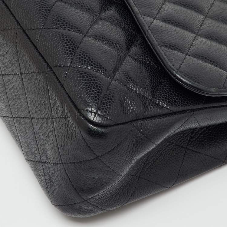 Pre Owned Chanel Black Quilted Caviar Leather Jumbo Classic Double Flap Bag