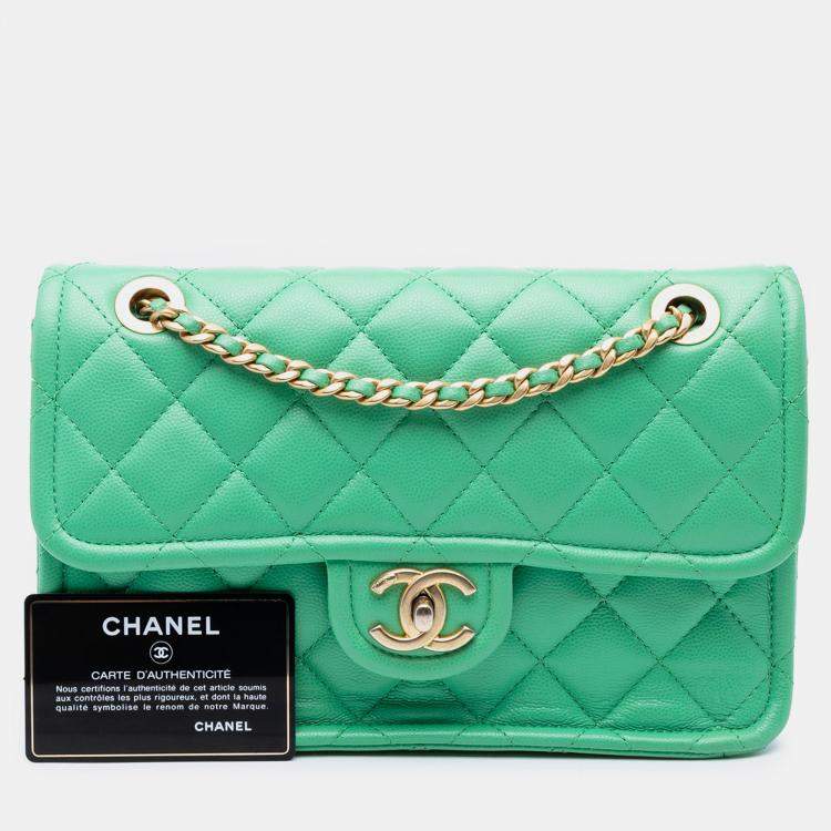 Pre Owned Chanel Green Medium Quilted Caviar Sweet Flap