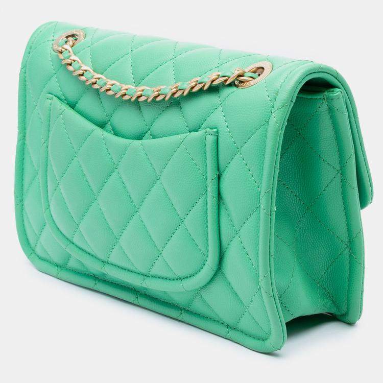 Pre Owned Chanel Green Medium Quilted Caviar Sweet Flap