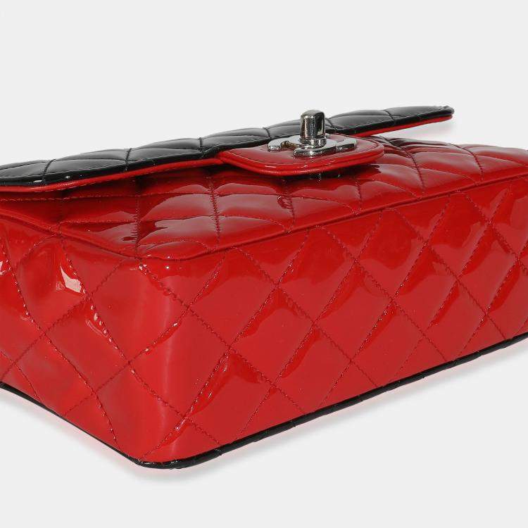 Pre Owned Chanel Red Black Quilted Patent Bi-Color Mini Rectangular Flap Bag