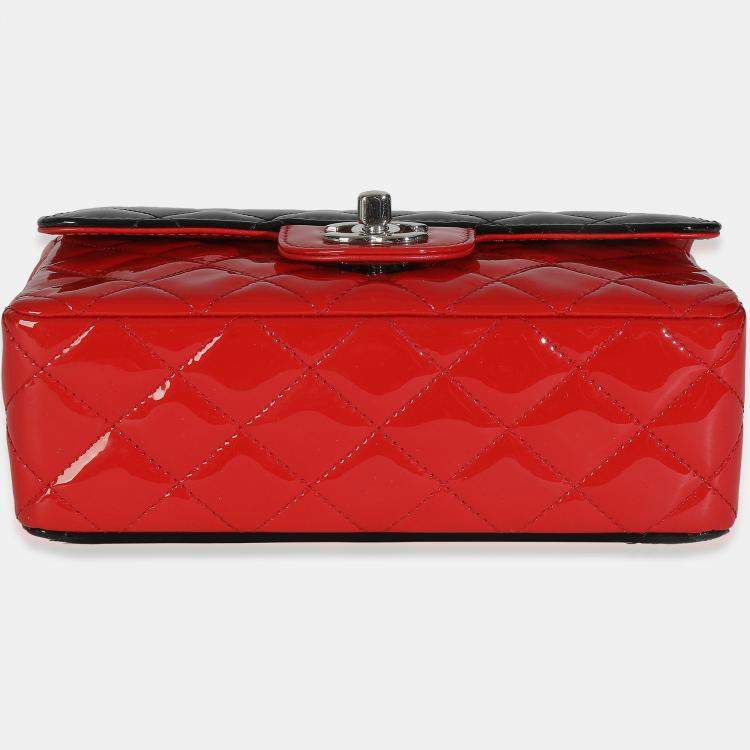 Pre Owned Chanel Red Black Quilted Patent Bi-Color Mini Rectangular Flap Bag