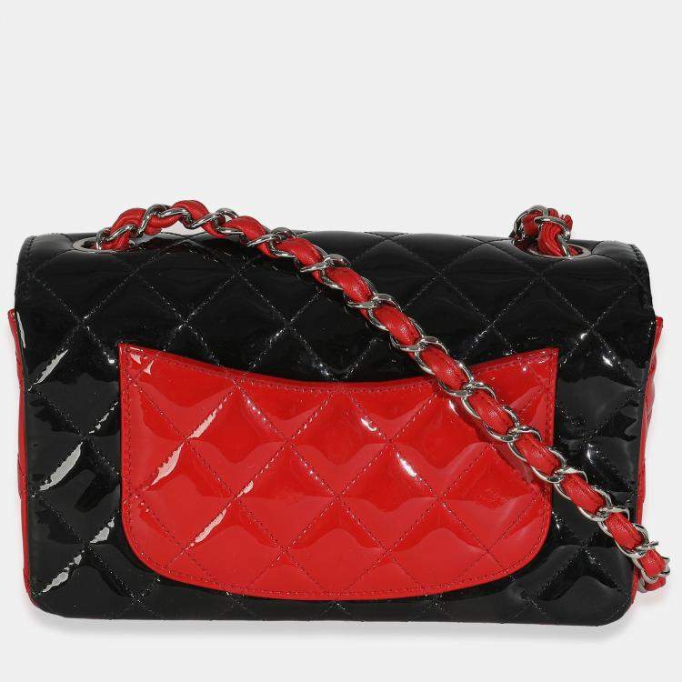 Pre Owned Chanel Red Black Quilted Patent Bi-Color Mini Rectangular Flap Bag