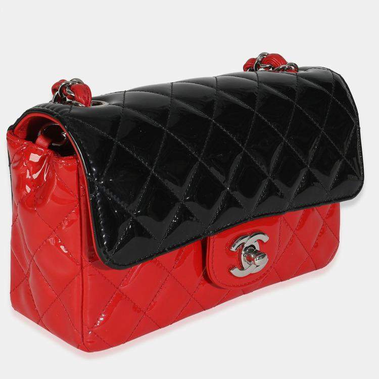 Pre Owned Chanel Red Black Quilted Patent Bi-Color Mini Rectangular Flap Bag