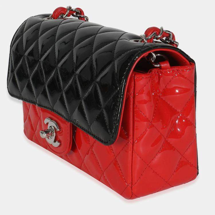 Pre Owned Chanel Red Black Quilted Patent Bi-Color Mini Rectangular Flap Bag
