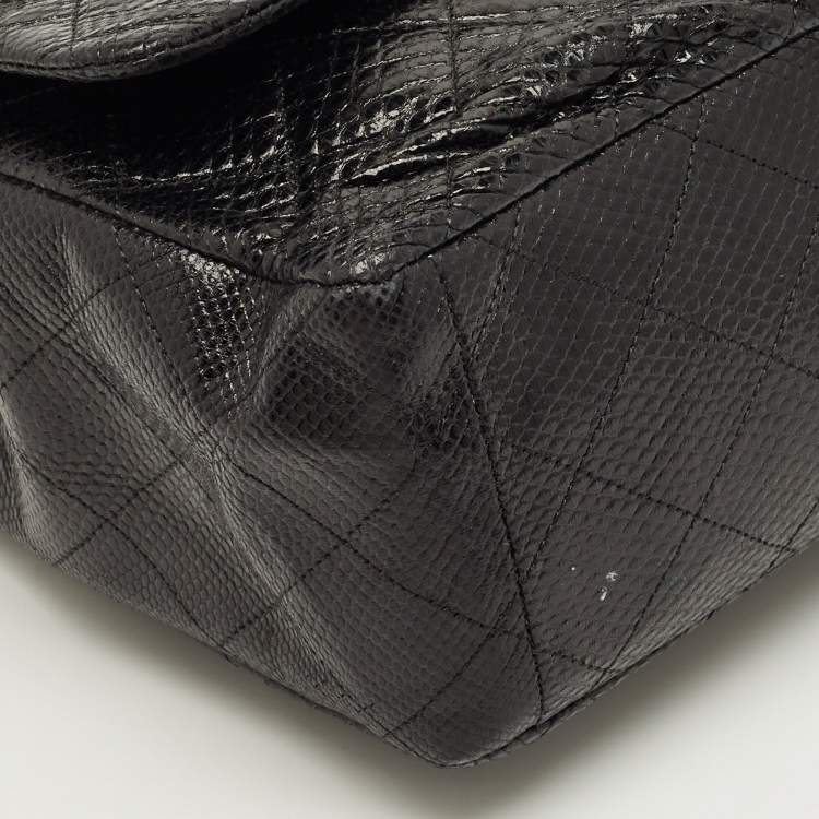 Pre Owned Chanel Black Quilted Lizard Maxi Classic Double Flap Bag