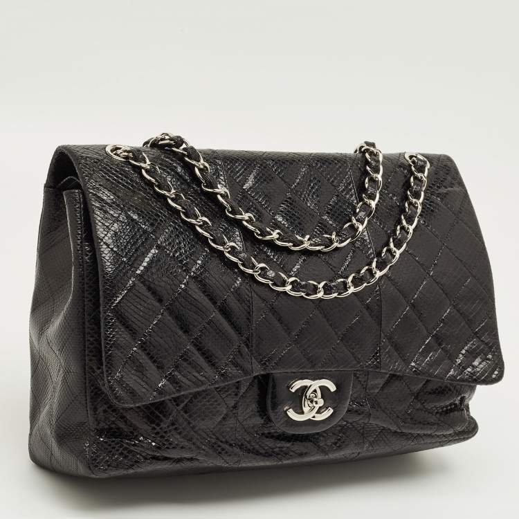 Pre Owned Chanel Black Quilted Lizard Maxi Classic Double Flap Bag