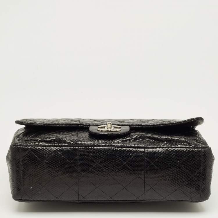 Pre Owned Chanel Black Quilted Lizard Maxi Classic Double Flap Bag