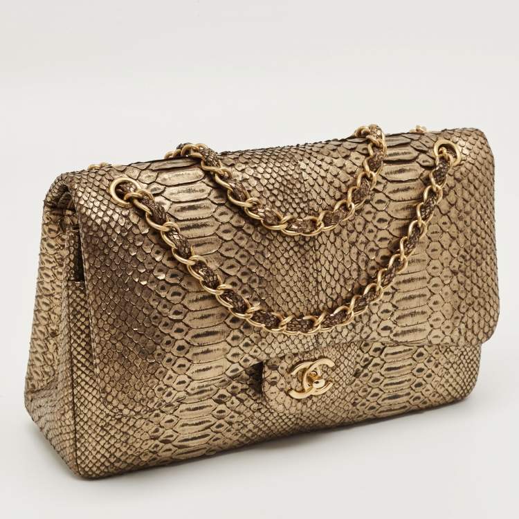 Pre Owned Chanel Gold/Black Python Jumbo Classic Double Flap Bag