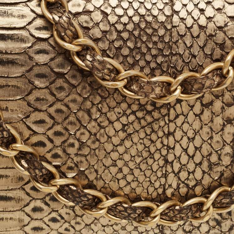 Pre Owned Chanel Gold/Black Python Jumbo Classic Double Flap Bag