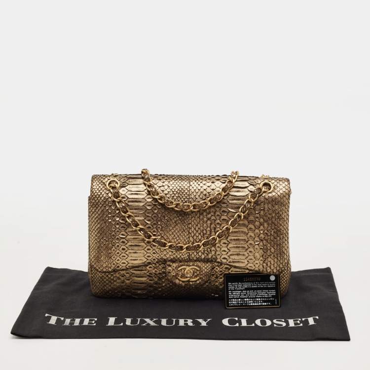 Pre Owned Chanel Gold/Black Python Jumbo Classic Double Flap Bag