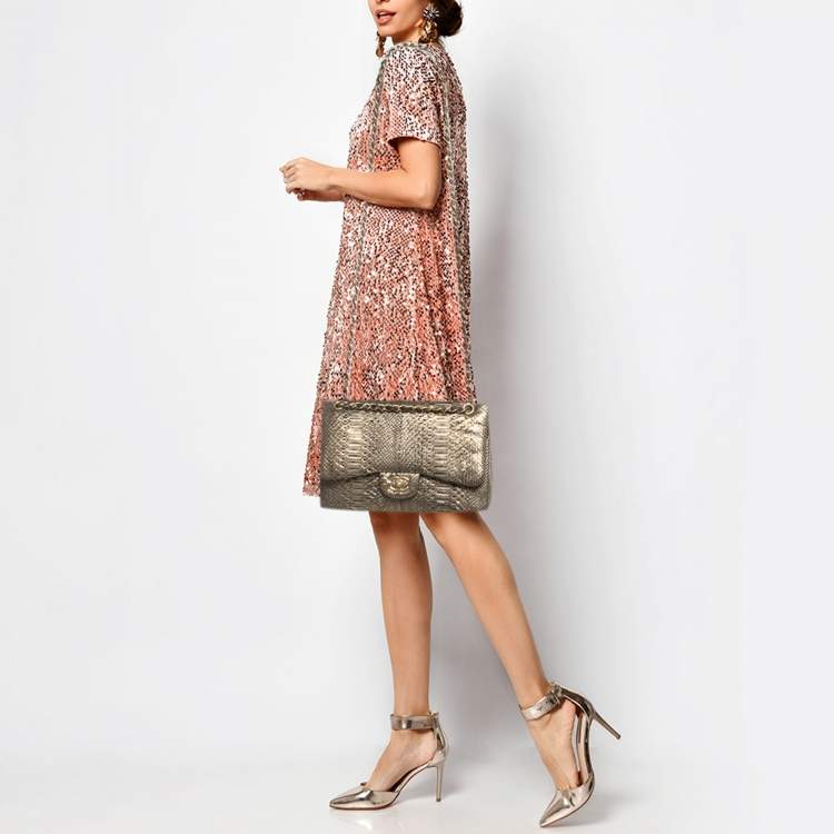 Pre Owned Chanel Gold/Black Python Jumbo Classic Double Flap Bag