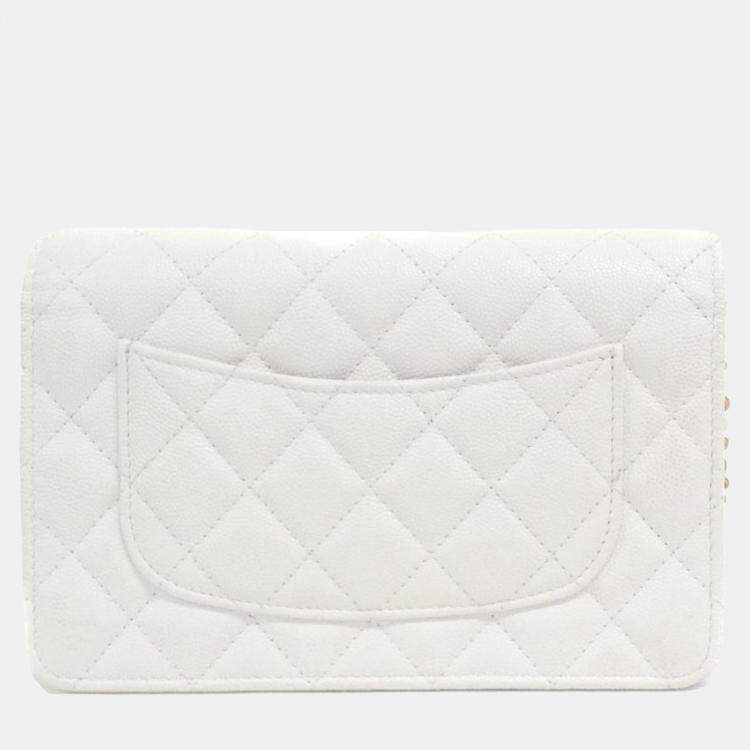 Pre Owned Chanel White Calf Leather Chain Wallet