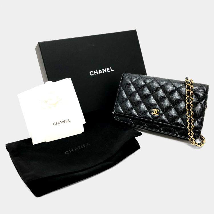 Pre Owned Chanel Coco Mark Classic Long Wallet Matelasse Chain Shoulder Bag Caviar Skin Black
