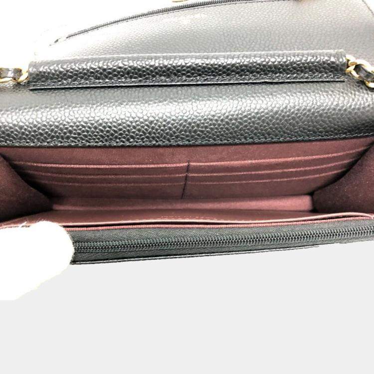 Pre Owned Chanel Coco Mark Classic Long Wallet Matelasse Chain Shoulder Bag Caviar Skin Black