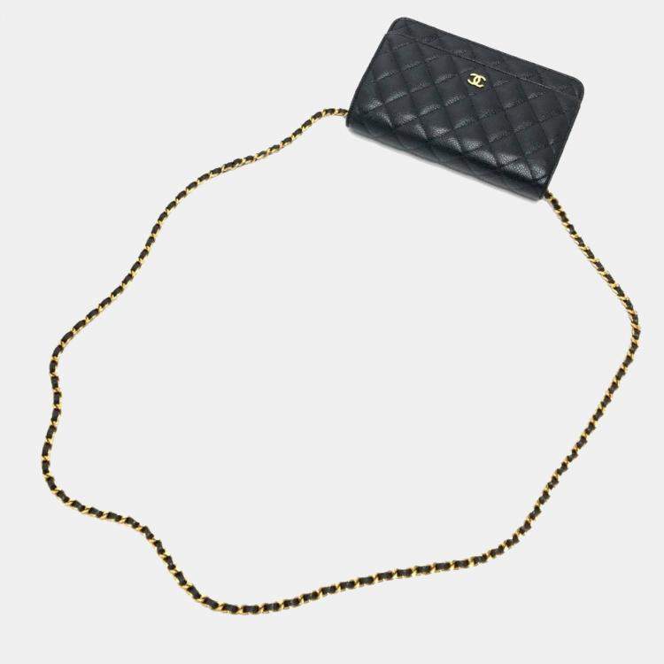 Pre Owned Chanel Coco Mark Classic Long Wallet Matelasse Chain Shoulder Bag Caviar Skin Black