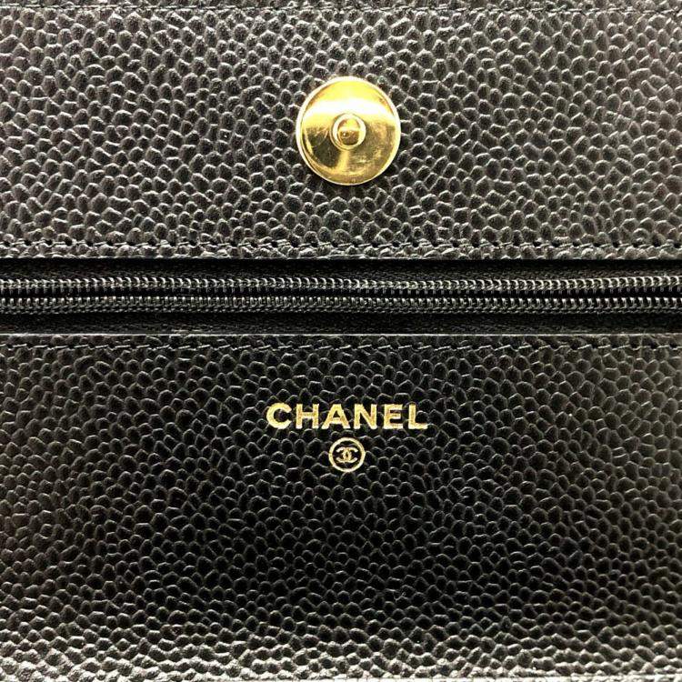 Pre Owned Chanel Coco Mark Classic Long Wallet Matelasse Chain Shoulder Bag Caviar Skin Black