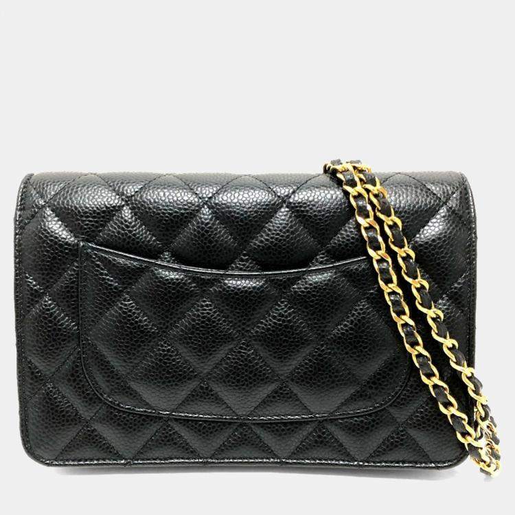 Pre Owned Chanel Coco Mark Classic Long Wallet Matelasse Chain Shoulder Bag Caviar Skin Black