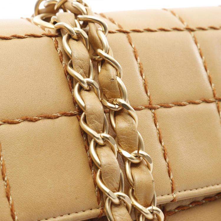 Pre Owned Chanel Chocolate Bar Wild Stitch Shoulder Bag Lambskin Sheepskin Beige