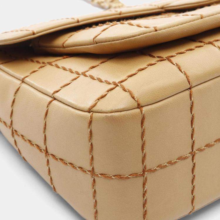 Pre Owned Chanel Chocolate Bar Wild Stitch Shoulder Bag Lambskin Sheepskin Beige