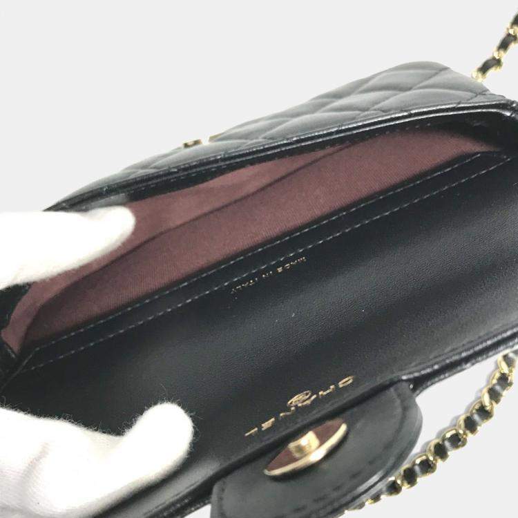 Pre Owned Chanel Coco Mark Phone Case Wallet Cc Matelasse Chain Long Wallet Black Lambskin