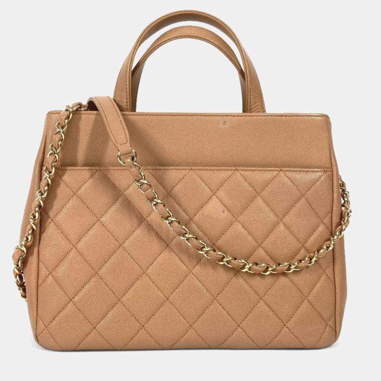 Pre Owned Chanel Cc Coco Mark Matelasse Affinity Small Bag Tote Chain Caviar Skin Beige