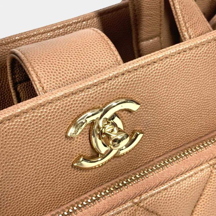 Pre Owned Chanel Cc Coco Mark Matelasse Affinity Small Bag Tote Chain Caviar Skin Beige