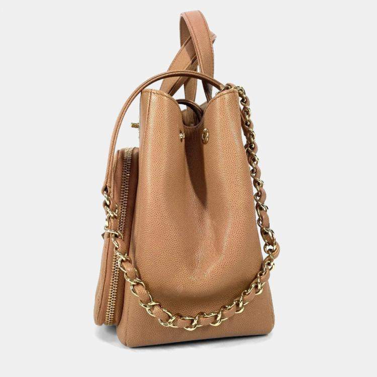 Pre Owned Chanel Cc Coco Mark Matelasse Affinity Small Bag Tote Chain Caviar Skin Beige