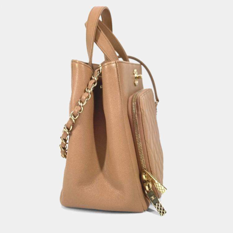 Pre Owned Chanel Cc Coco Mark Matelasse Affinity Small Bag Tote Chain Caviar Skin Beige