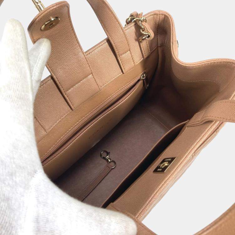 Pre Owned Chanel Cc Coco Mark Matelasse Affinity Small Bag Tote Chain Caviar Skin Beige