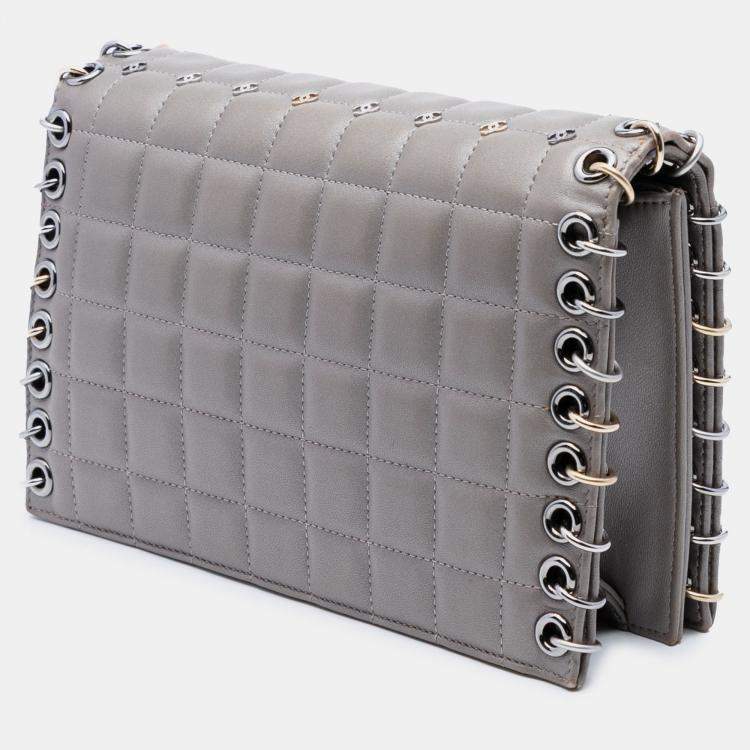 Pre Owned Chanel Grey Small Lambskin Chocolate Bar CC Piercing Studded Chain Flap