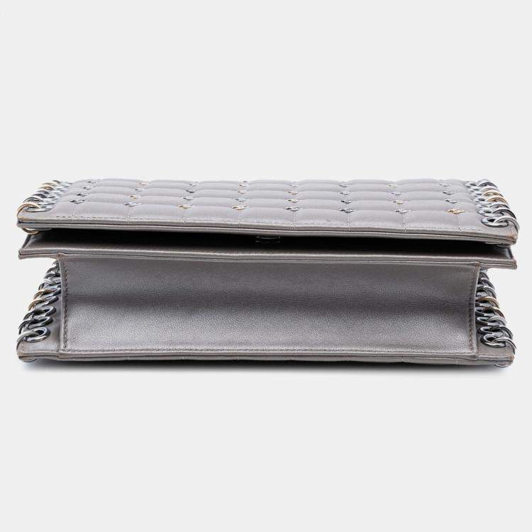 Pre Owned Chanel Grey Small Lambskin Chocolate Bar CC Piercing Studded Chain Flap