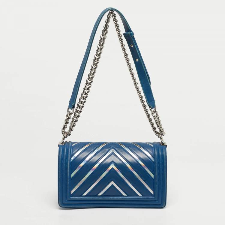 Pre Owned Chanel Blue/Iridescent Chevron PVC and Leather Medium Boy Flap Bag