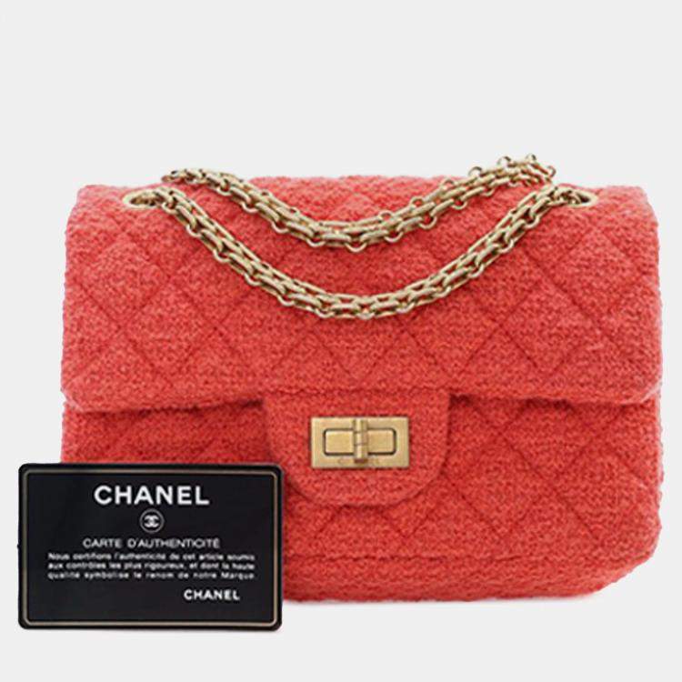 Pre Owned Chanel Red Mini Reissue 2.55 Tweed Single Flap 224
