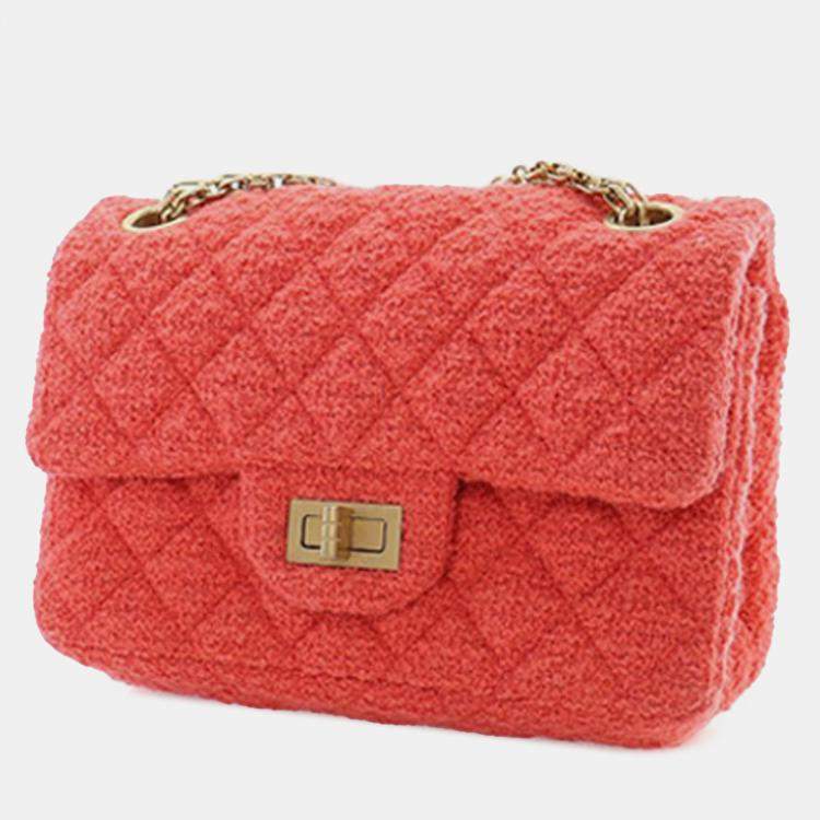 Pre Owned Chanel Red Mini Reissue 2.55 Tweed Single Flap 224