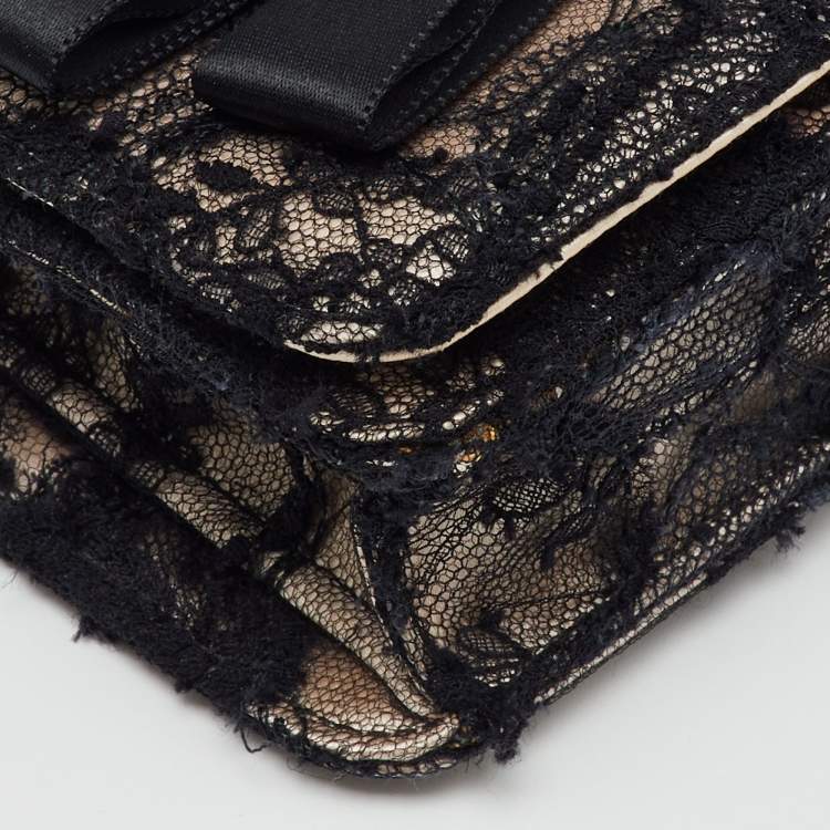 Pre Owned Chanel Black/Beige Lace and Satin CC Bow Clutch