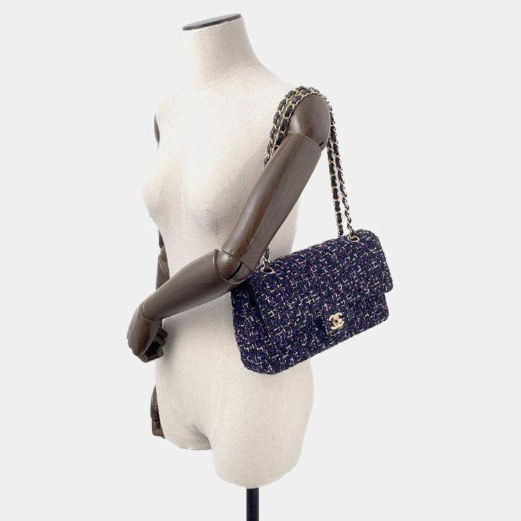 Pre Owned Chanel Matelasse Double Flap Chain shoulder Purple/Black Tweed Size 25