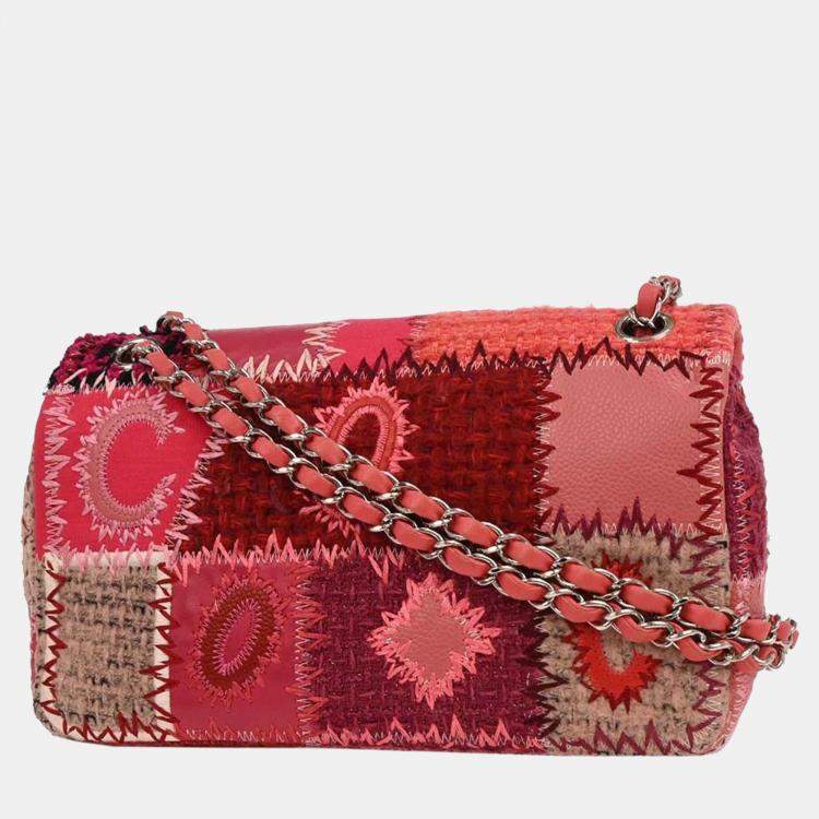 Pre Owned Chanel Pink Tweed Single Flap Patchwork Shoulder Bag
