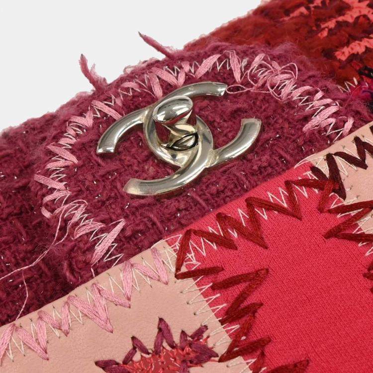 Pre Owned Chanel Pink Tweed Single Flap Patchwork Shoulder Bag