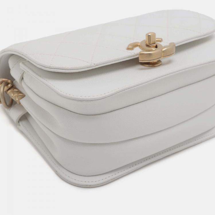 Pre Owned Chanel White CC Quilted Caviar Flap Crossbody